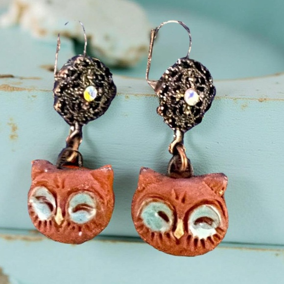 Handmade Owl earrings with rhinestones  Handcrafted NWT - Picture 7 of 10